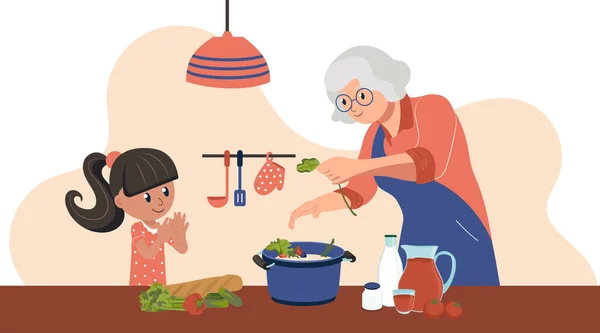 Grandmother Granddaughter Spend Time Together Kitchen Child School Holidays Vector — Stock Vector