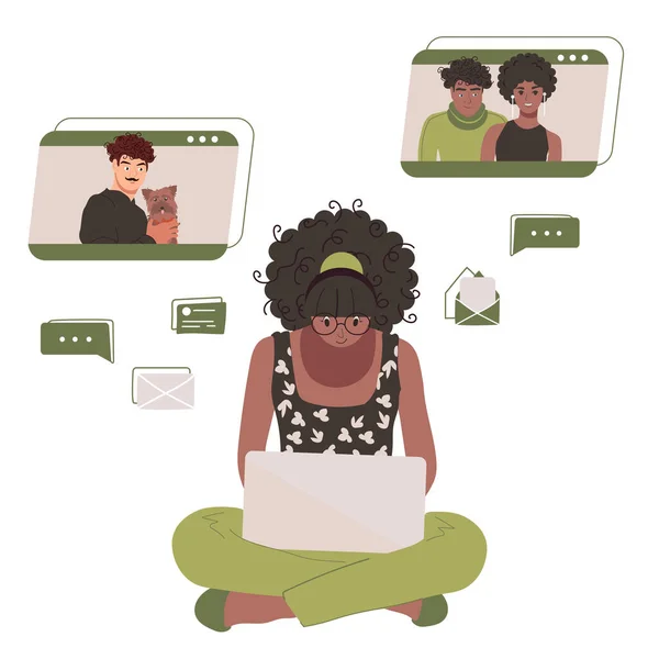 Αφροαμερικανή Μαύρη Γυναίκα Συνομιλεί Φίλους Στο Διαδίκτυο Ένα Φορητό Υπολογιστή — Διανυσματικό Αρχείο