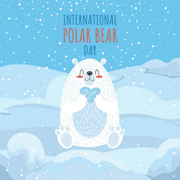 国际北极熊日明信片 一只可爱的熊坐在北极 爪子上握着一颗冰心 矢量说明 — 图库矢量图片