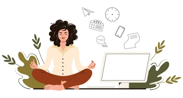 Businesswoman Meditates Office Concept Yoga Relax Trying Release Stress Work — Stock Vector