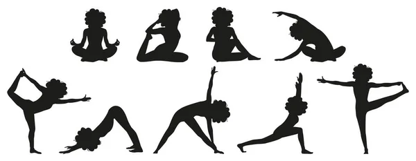 Mujeres Siluetas Yoga Plantea Conjunto Negro Formas Vectoriales Chica Aislada — Archivo Imágenes Vectoriales