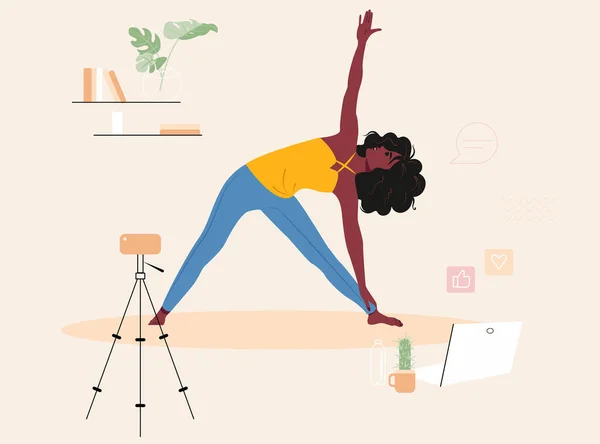 Clase Yoga Casa Lección Vivo Línea Con Profesora Afroamericana Aplicación — Archivo Imágenes Vectoriales