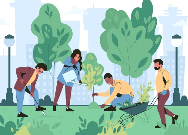 Jongeren Planten Bomen Het Park Vrijwilligerswerk Stad Het Voorjaar Groener — Stockvector
