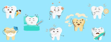 Düz stil, sevimli dişli karakterler. Çizgi film hastalarının dişleri, tatlılardan gelen ağrılar, aşırı hassasiyet. Diş hekimliğindeki çocuklar için vektör illüstrasyonu.