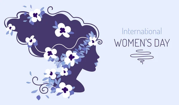 国际妇女日节日病媒图解 用手绘春花和树叶的女孩头像的轮廓 Web横幅或贺卡的水平格式 — 图库矢量图片