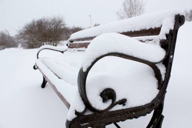 Tamamen karla kaplı bir bankta.