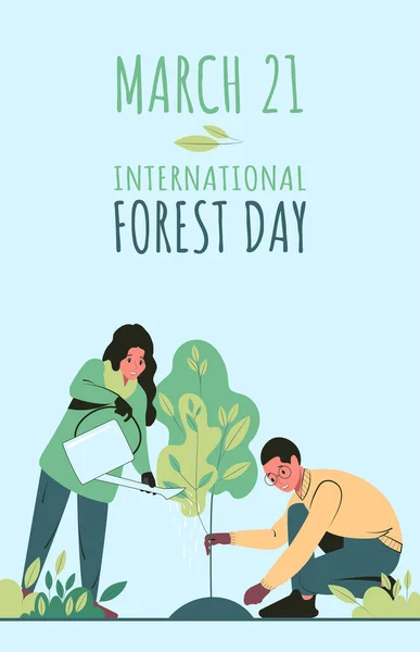 Mensen Planten Onderhouden Bomen Internationale Forest Day Wenskaart Banner Sociale — Stockvector