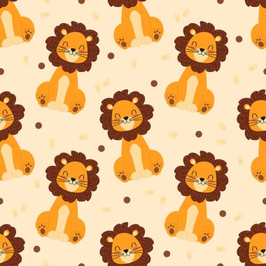 Aslan resimli çocuklar için kusursuz şirin desenler. Duvar kağıdı ve ambalaj kağıdı için düz vektör.