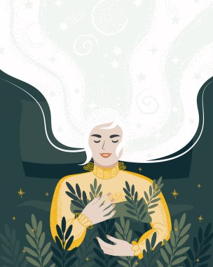 Yukarıda uyuyan tatlı bir kız. Tatlı rüyalar için yatak ve yastık. Kendine zaman ayır, sağlık konseptini gevşet. Vektör illüstrasyonu