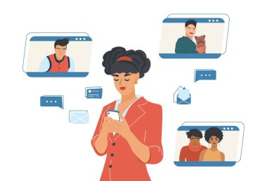 İnternette arkadaşlarınla sohbet et. Genç bir kız elinde bir telefon tutuyor ve sosyal ağlardan iletişim kuruyor. Vektör illüstrasyonu