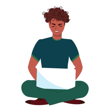 Serbest çalışan biri ya da bir öğrenci dizüstü bilgisayarın başında oturuyor. Beyaz arkaplanda izole vektör illüstrasyonu.