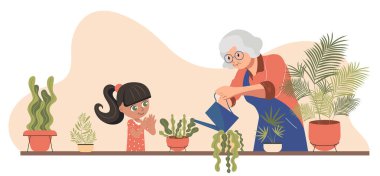 Küçük kız torun büyükannesiyle tatilde. Çiçekleri sulama tenekesiyle sularlar. Düz vektör illüstrasyonu