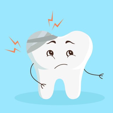 Hasta dişli çizgi film karakteri. İzole ışık arka planında pediatrik dişçilik için düz vektör çizimi.