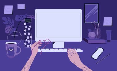 Masasındaki kızın birinci şahıs görüntüsü. Akşamları bilgisayar monitöründe çalışıyorum. Düz vektör illüstrasyonu