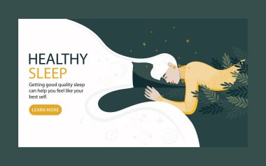 Sağlıklı uyku konsepti iniş sayfası. Kız temiz bir yatakta uyuyor ve yıldızlı gökyüzü her yerde. Broşür için uyku şablonu, site için yerleşim düzeni tasarla