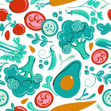 Kırmızı, turuncu ve yeşil sebzeli kusursuz desen. Vejetaryen sağlıklı besin vektör geçmişi. Düz vegan çizimleri