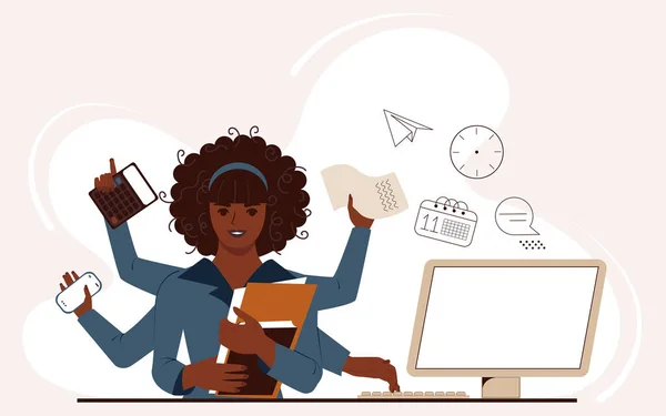 Femme Afro Américaine Multitâche Travail Dans Bureau Black Girl Effectue — Image vectorielle