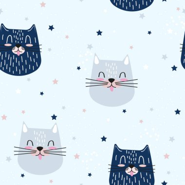 Şirin kedileri ve yıldızları olan kusursuz bir desen. Çocuklar için düz vektör illüstrasyonu
