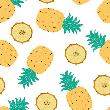 Ananaslı kusursuz desen. Yaz meyvesi arka planı. Paket kağıdı, ambalaj, kartpostallar için düz vektör çizimi