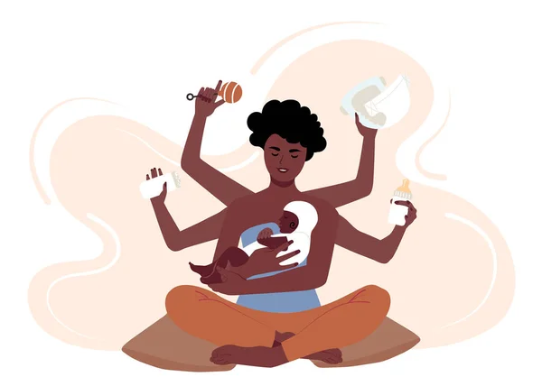 Mamă Africană Americană Ocupată Care Grijă Copilul Multitasking Mama Neagra — Vector de stoc