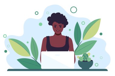 Afrikalı bir kadın laptop monitörünün arkasında çalışıyor. Mesafe öğrenme ya da serbest çalışma. Düz vektör illüstrasyonu