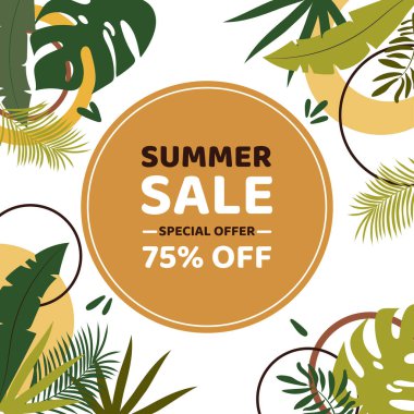 İndirim kuponu ya da afiş. Egzotik yapraklar ve geometrik elementler arasında% 75 indirimli yaz indirimi. Vektör düzlüğü