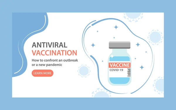 コロナウイルスワクチンで着陸ページ Covid 19ワクチンボトルのウェブバナーテンプレート 平面ベクトル図 — ストックベクタ