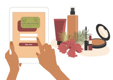 Kadınların elinde bir tablet bulunmakta ve internet üzerinden başvuru veya web sitesi aracılığıyla ödeme yapılmaktadır. Evinizden çıkmadan kozmetik ürünleri ve cilt bakım ürünleri alın. Vektör illüstrasyonu