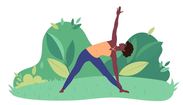 Chica Afroamericana Haciendo Yoga Parque Sobre Fondo Hojas Verdes Ilustración — Archivo Imágenes Vectoriales