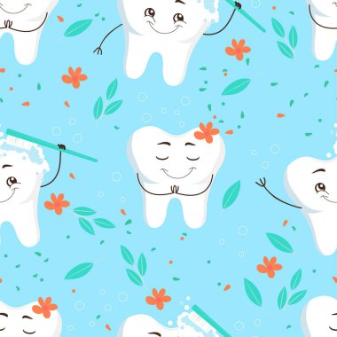 Çizgi film dişli, bitkisel diş macunu ve diş fırçasıyla kusursuz desen. Çocuk dişçiliği için vektör arkaplanı