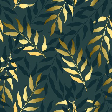 Yeşil ve altın yapraklı kusursuz doğa modeli. Düz vektör illüstrasyonu