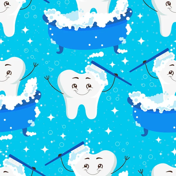 无缝隙图案与卡通人物和刷牙 儿科牙科的病媒背景 — 图库矢量图片