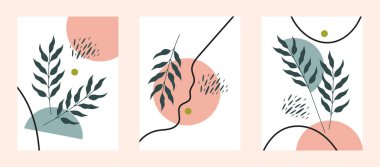 Duvar dekorasyonu, kartpostal ya da broşür kapağı tasarımı için minimalist el çizimi vektör çizimleri. Geometrik şekilli ve yapraklı arkaplan