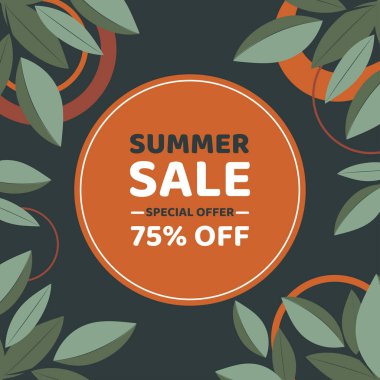 İndirim kuponu ya da afiş. Yapraklar ve yuvarlak şekiller arasında% 75 indirimli yaz indirimi. Vektör düz resimleme