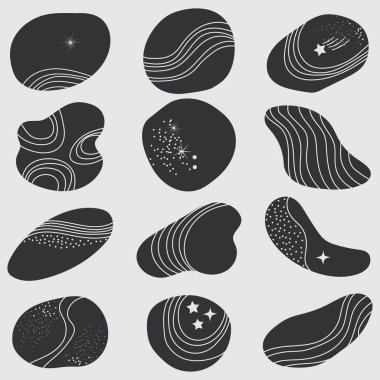 Çizgili ve noktalı dekoratif izole noktalar. Uzay elementleriyle yuvarlak şekiller. İskandinav tarzı vektör çizimi.