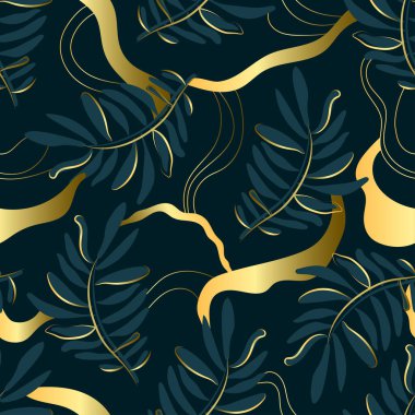 Koyu yapraklı ve altın şekilli kusursuz lüks desenler. Doğal bitki arka planında çizgiler var. Düz vektör illüstrasyonu