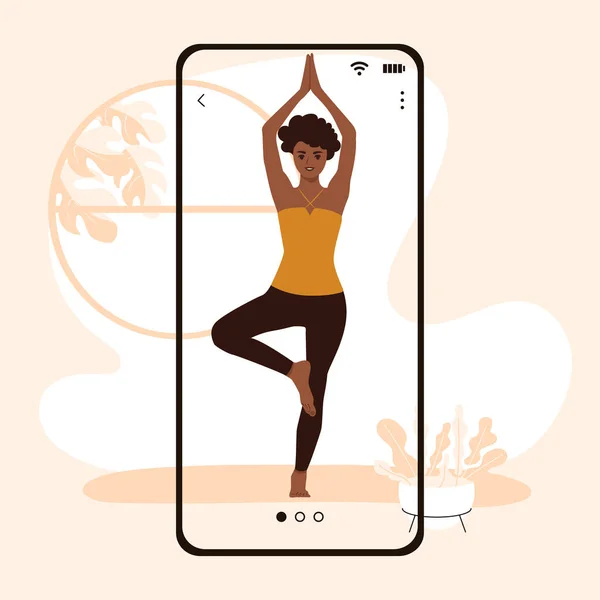 Mujer Afroamericana Haciendo Yoga Línea Teléfono Inteligente Casa Ilustración Vectorial — Archivo Imágenes Vectoriales