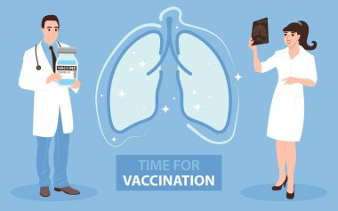 Doktorlar koronavirüse karşı aşı istiyorlar. COVID 19 iğnesi akciğerleri korur. Düz vektör illüstrasyonu.