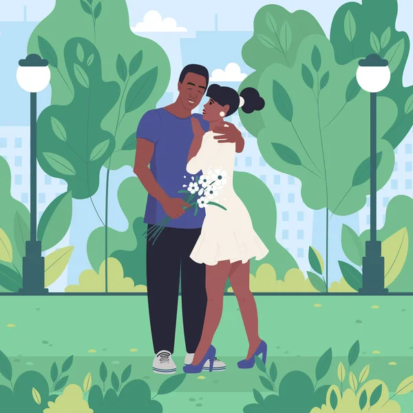 若いアフリカ系アメリカ人のカップルは 日付に春または夏の都市公園を歩いています 平面ベクトル図 — ストックベクタ