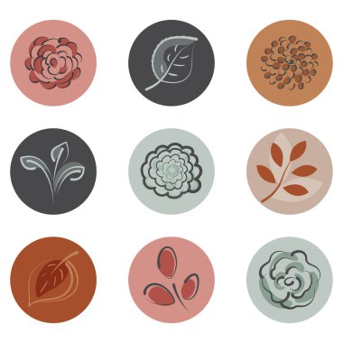 Minimalist yuvarlak örtüler. Sosyal ağları süslemek için çiçek ve yaprakları olan simgeler. Düz vektör izole çizimleri.