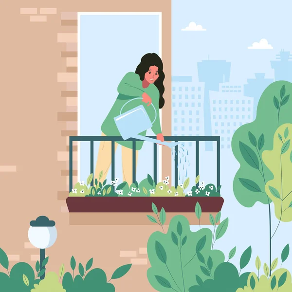 Νεαρή Γυναίκα Ποτίζει Λουλούδια Στο Μπαλκόνι Φροντίζω Φυτά Του Σπιτιού — Διανυσματικό Αρχείο