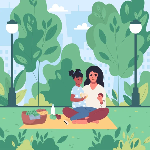 Maman Fille Pique Niquent Dans Parc Ville Illustration Vectorielle Plate — Image vectorielle