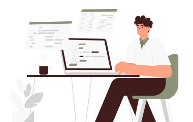 Genç programcı masadaki bir dizüstü bilgisayarda çalışıyor. Adam internet için program kodu ve senaryo yazıyor. Düz vektör illüstrasyonu