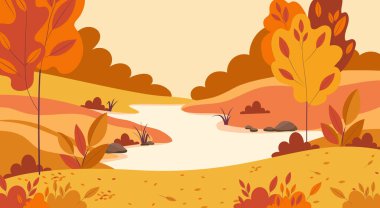 Sonbahar manzarası düşen yapraklar, sarı tepeler, nehir ve orman. Basit modada vektör illüstrasyonu. Pankart, tebrik kartı veya poster için arkaplan