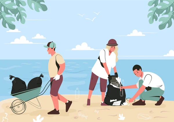 Skupina Mladých Lidí Uklízí Odpadky Pláži Dobrovolníci Ženy Muži Čistí — Stockový vektor