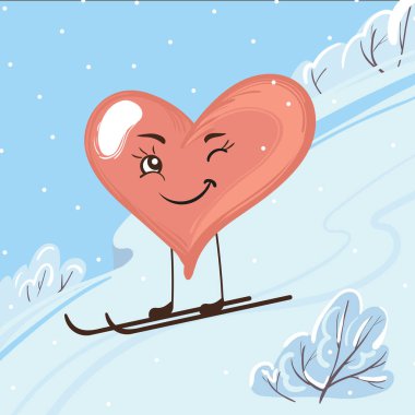 Kışın dağlarda kayak yapan sevimli bir karikatür. Çocuklar için el çizimi vektör çizimi