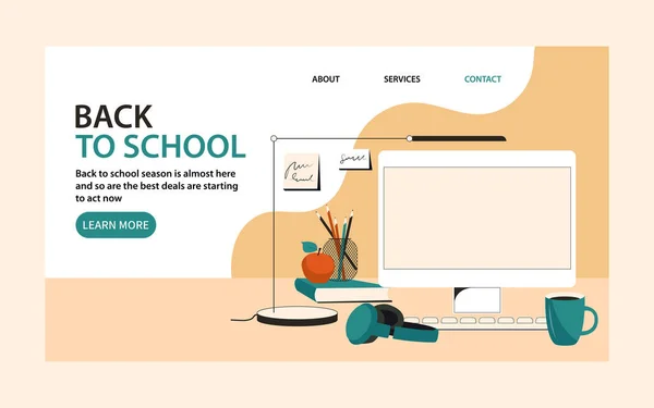 学校のウェブサイトのランディングページに戻る 研究用品の購入 教育概念を学ぶ 漫画フラットベクトルイラスト — ストックベクタ