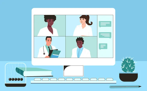 コンピュータモニタ上の医師のオンライン会議 異なる国籍の医療従事者がリモートで通信します 平面ベクトル図 — ストックベクタ
