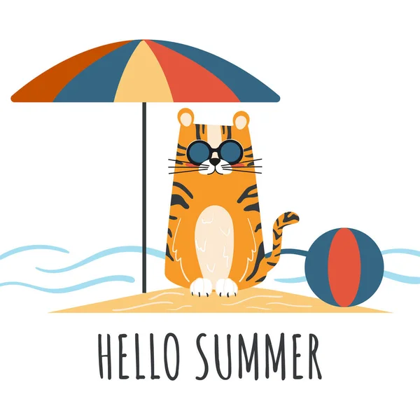 Caricatura Infantil Postal Hola Summer Tigre Lindo Playa Gafas Sol — Vector de stock