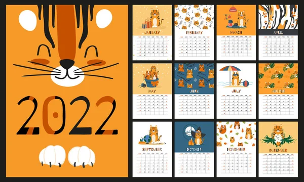 Kids Calendar 2022 Year Template Cute Cartoon Character Orange Tiger — Stock Vector